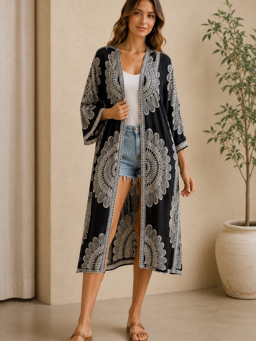 Pinky Black White Boho Embroidered  Rayon Kimono Cardigan Size L
